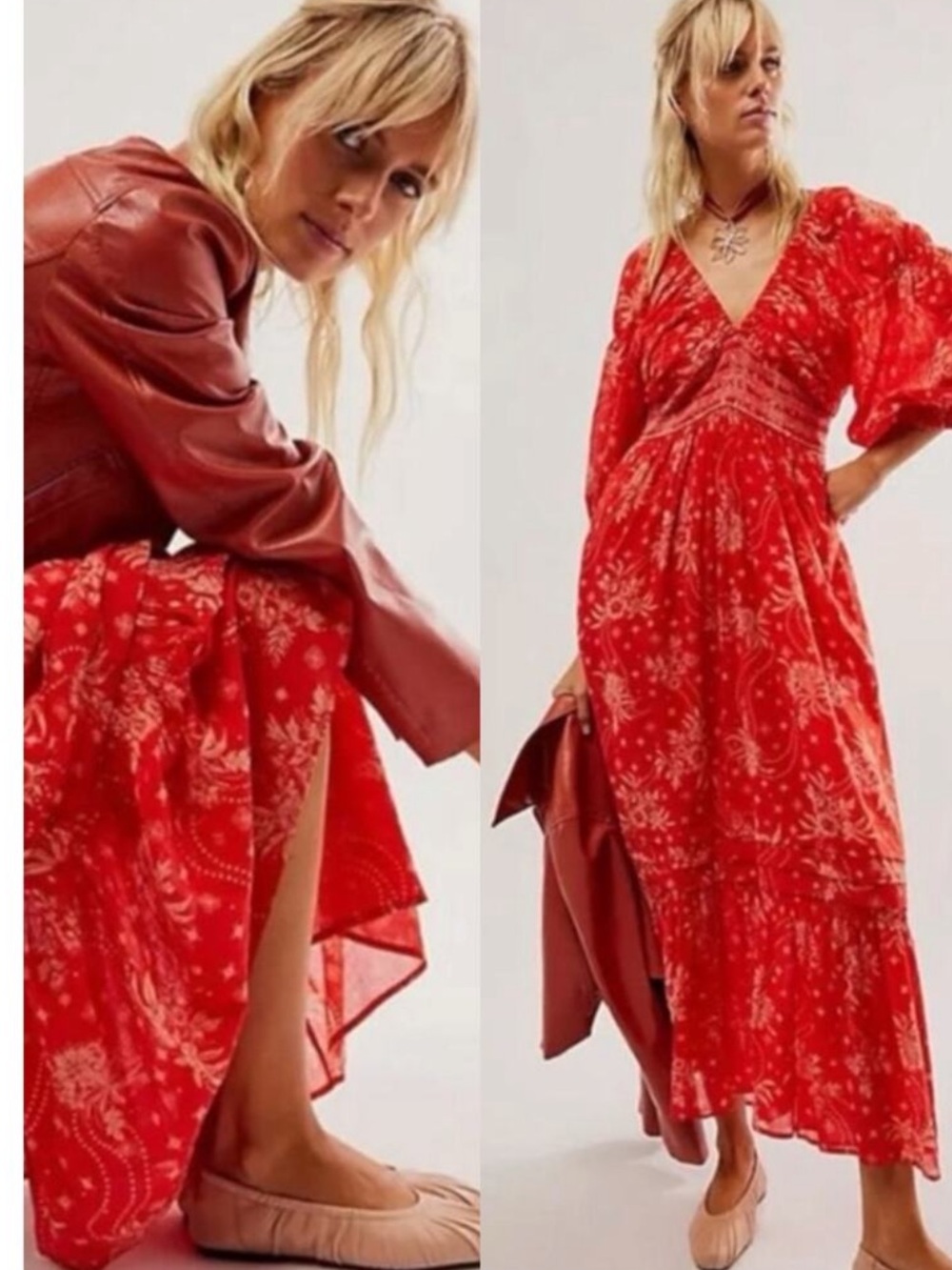 Free people Golden Hour Red Floral V-Neck maxi Dress
